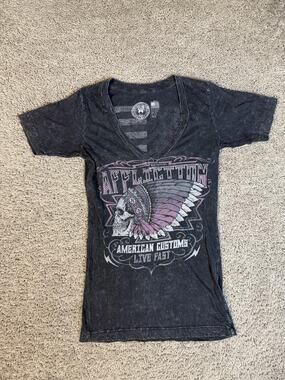 Affliction Shirt Womens X-Small Black V-Neck Striped Graphic 100% Cotton